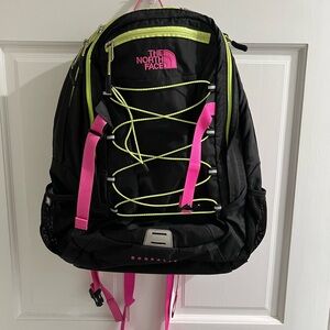 The North Face Black Backpack with Pink and Yellow/Green Highlights
